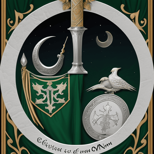 AI generated: Coat of Arms,  Silver Crescent Moon, Emerald Green Laurel Leaves, A Sword and Quill Crossed Behind t...