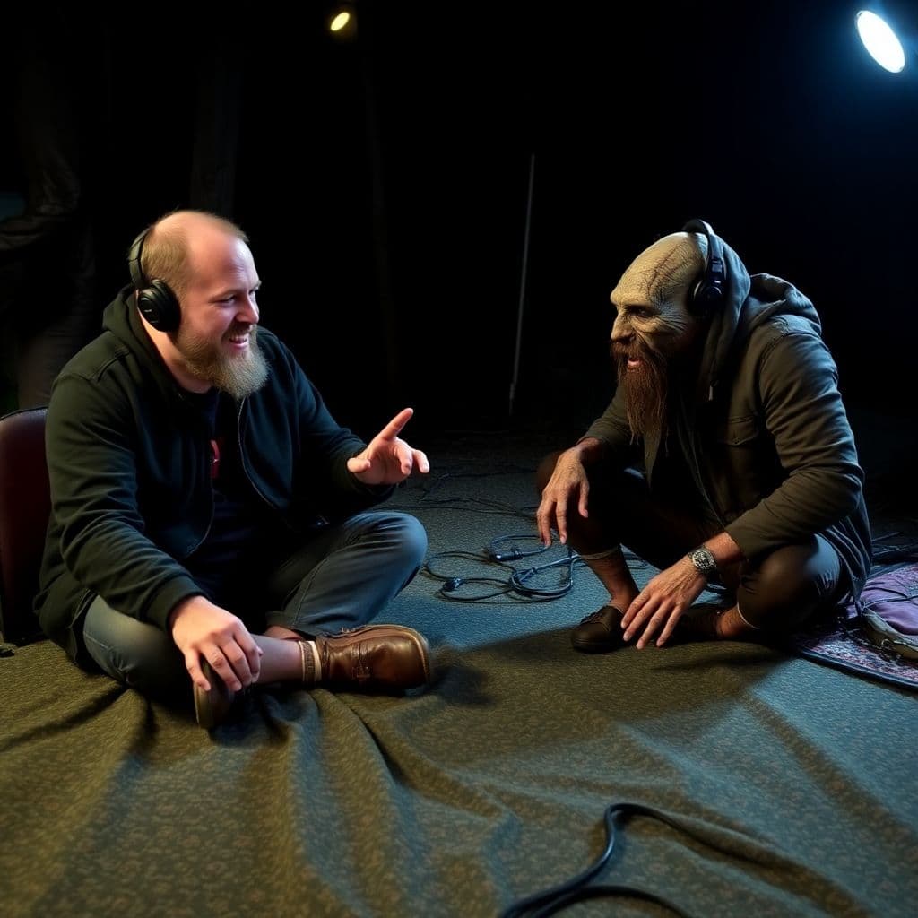 AI generated: Joe Rogan on set with a skinwalker, horror, unsettling, the shmiggle experience