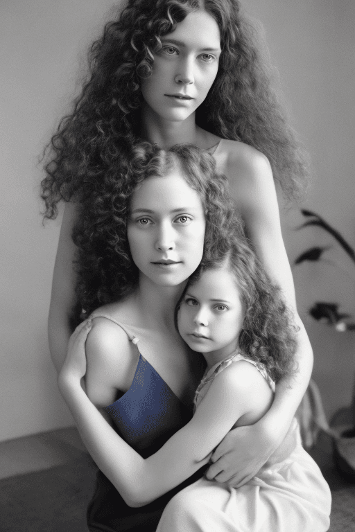 AI generated: (mother age 30:1.2), shoulder length hair, brown hair, natural curls, blue hazel eyes, perfect face,...
