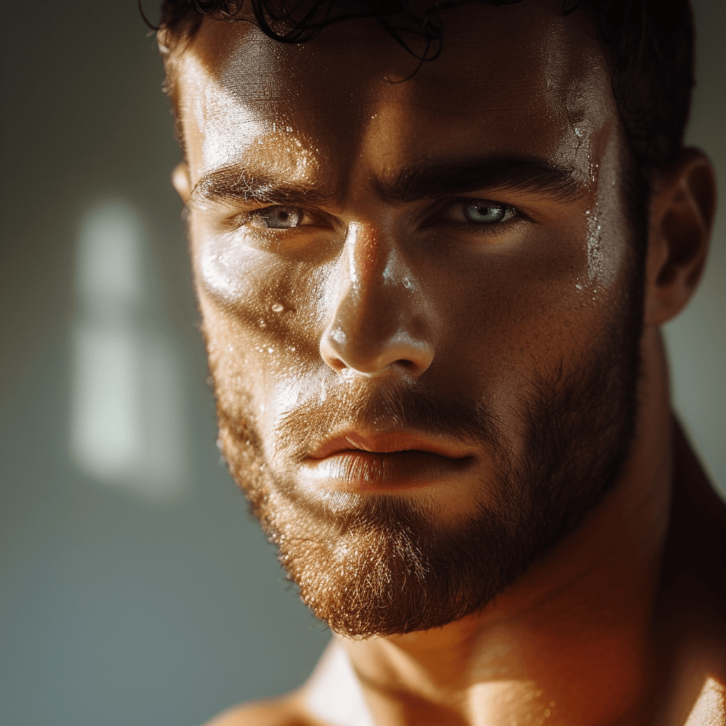 AI generated: ((Ultra-Wide Angle)), ((fitness)), asymmetrical eyes, standing, perfect body, ((athletic)), handsome...