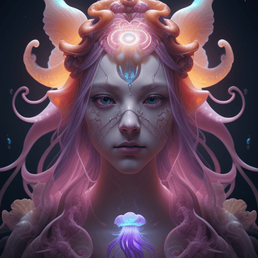 AI generated: Goddess close-up portrait ribcagel. jellyfish phoenix head, nautilus, orchid, skull, betta fish, bio...