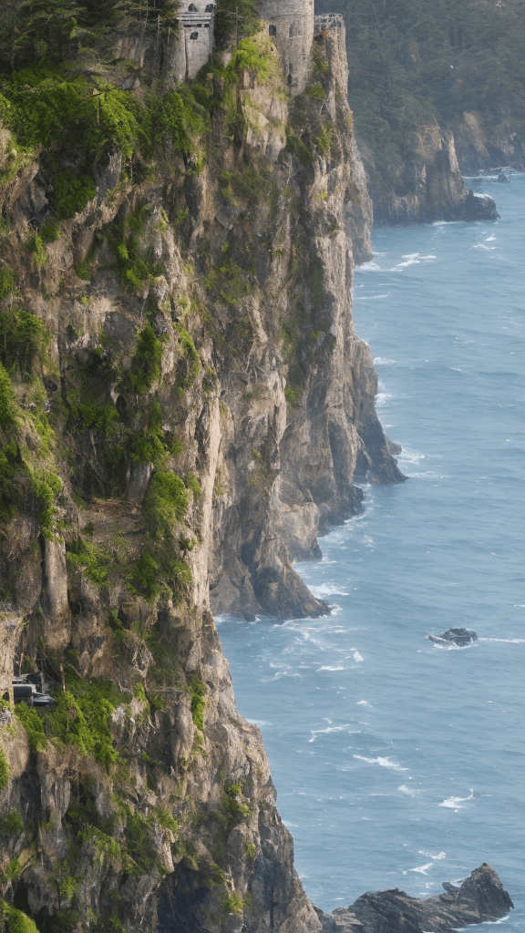 AI generated: A magnificent castle on a cliff edge overlooking the ocean, with crashing waves and seagulls in the ...