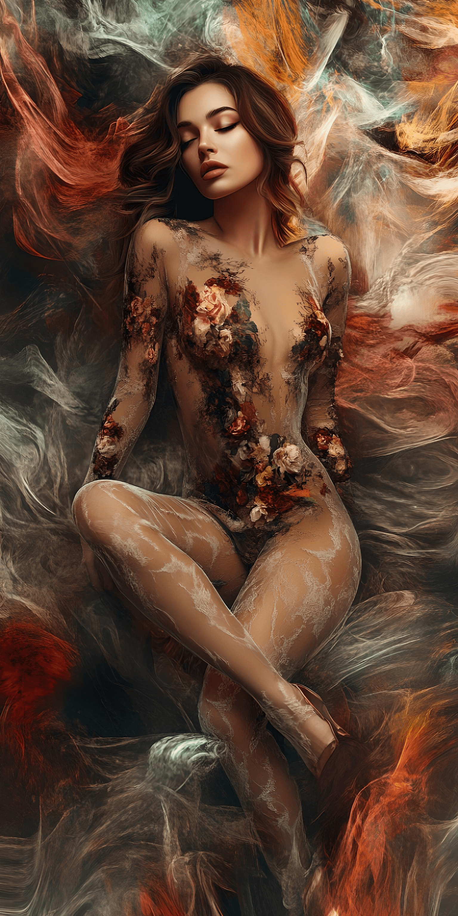 AI generated: A woman with long, flowing hair sits gracefully with her eyes closed, conveying a sense of serenity....