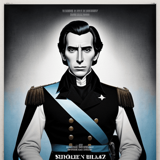 AI generated: movie poster, male character in black, white and blue, in the style of Simon Bolivar, light-focused ...