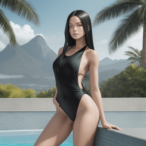 AI generated: A serene woman standing by a pool, looking over her right shoulder towards the camera. She has shoul...