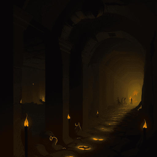 AI generated: a narrow broken dimly lit egyptian passage with fire torches and beetles and snakes