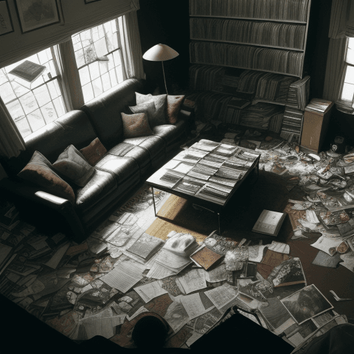 AI generated: Top-down view with a wide-angle perspective of a large, dark room. A man is lying face down on a sof...