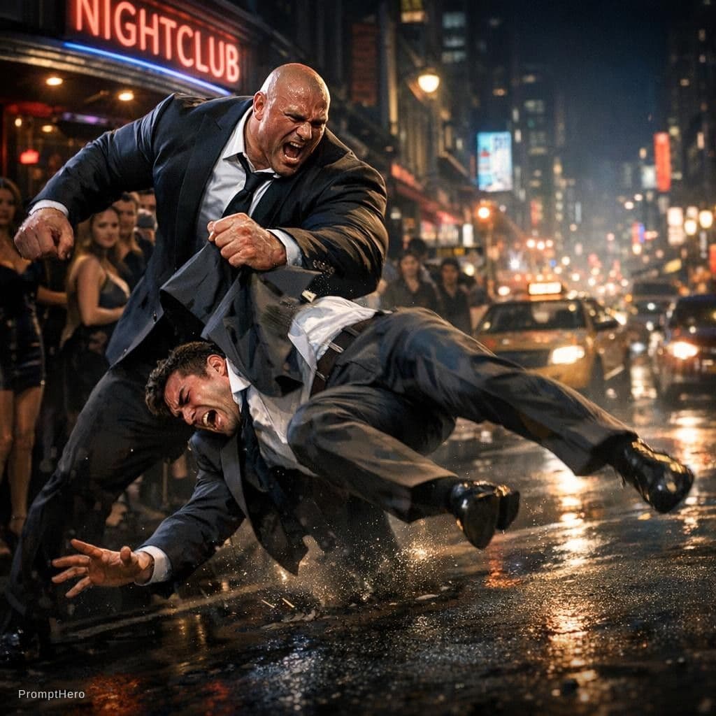 AI generated: A huge muscular man in a suit throwing another smartly dressed man onto a busy street at night. The ...
