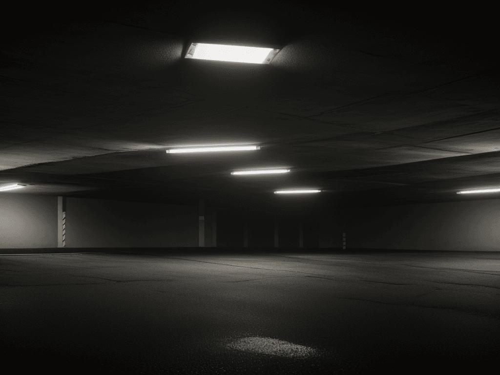 AI generated: Photo of a ultra realistic, endless underground parking lot, 8K, horror, cinema lightning