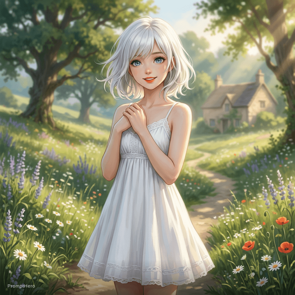 AI generated: 1 girl,beautiful anime style girl, Loose Bob white hair, wearing white dress, hands in the chest, re...