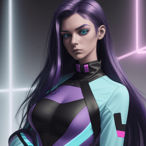 AI generated: hiper realistic, blue, pink, black and purple neon. a strog beautiful american woman with long dark ...