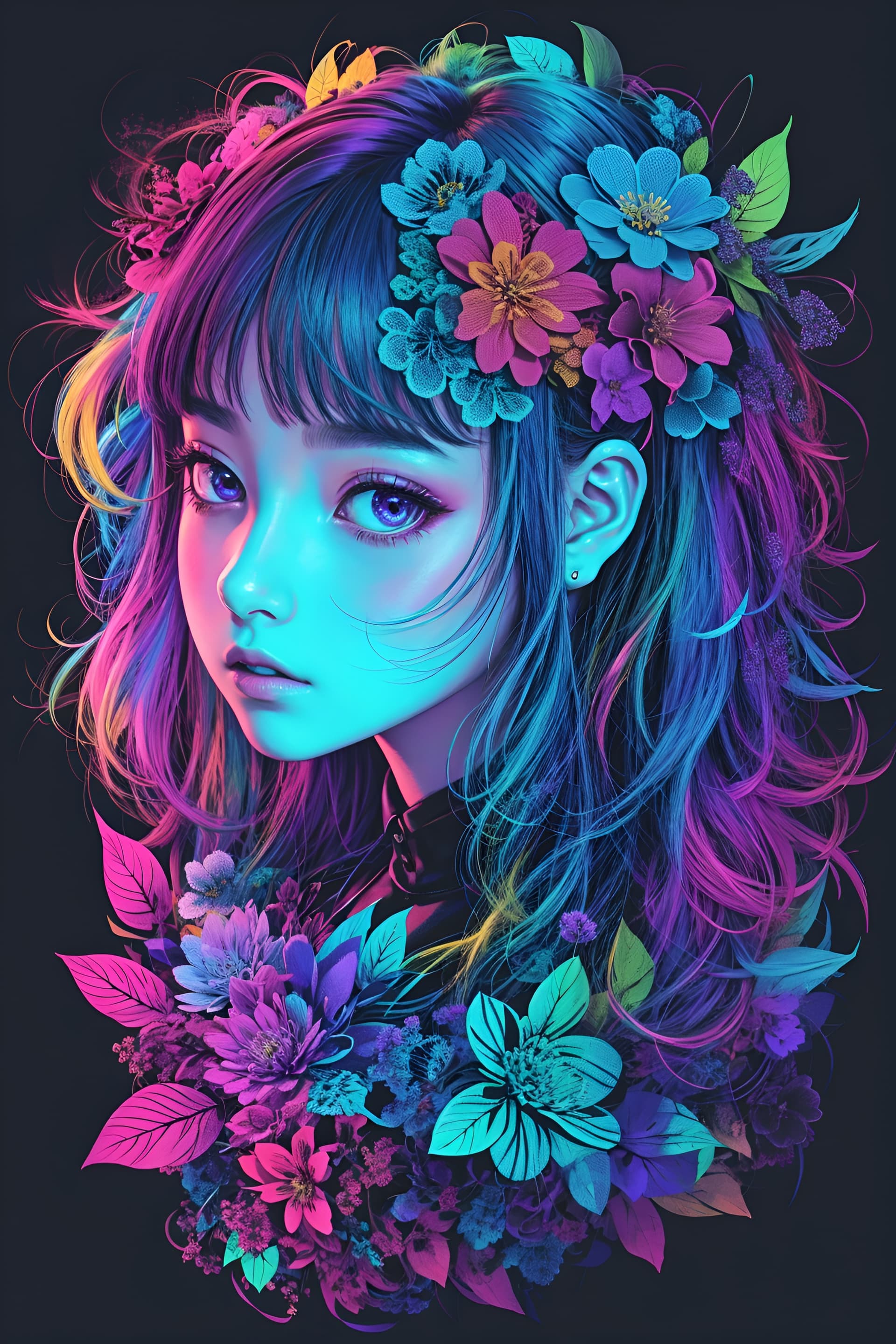 AI generated: masterpiece, centered, a drawing of a girl with flowers in her hair, an anime drawing, featured on p...
