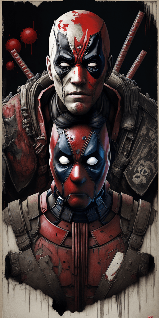 AI generated: Overlay Japanese type. A poster with of deadpool, extremely detailed eyes and face, portrait, bloody...