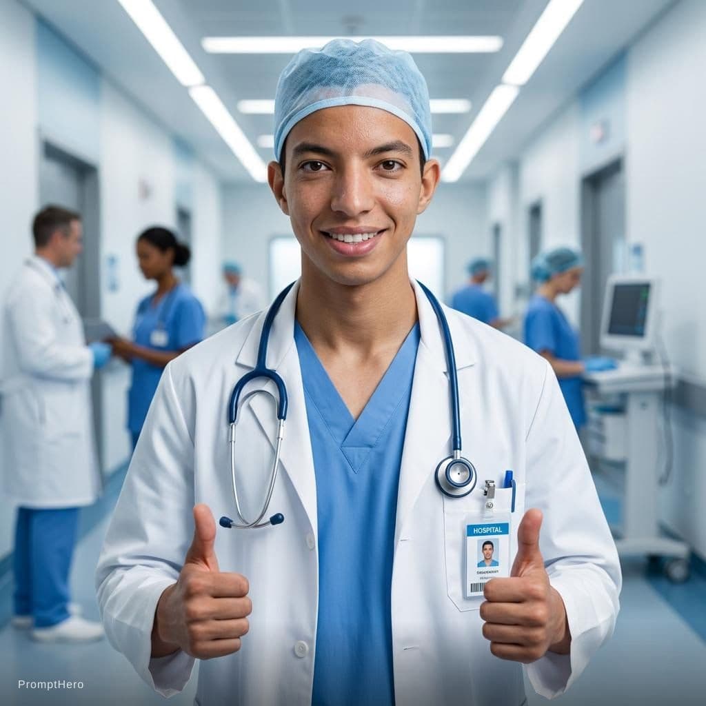 AI generated: A photorealistic portrait of a [man] as a confident skilled surgeon. Wearing blue surgical scrubs, a...