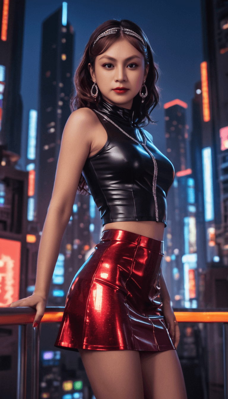 AI generated: A photo of Fawsums, a female character with a confident and alluring presence. She wears a shimmerin...