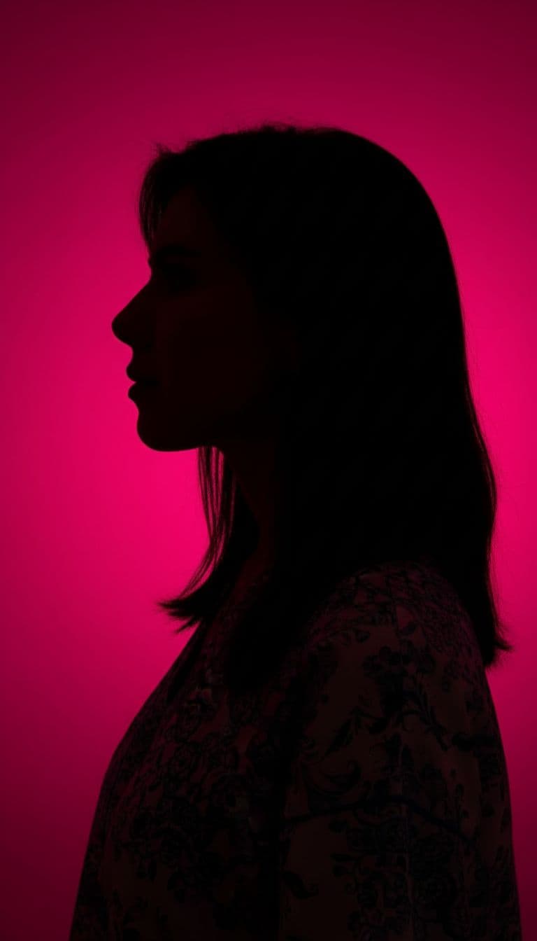 AI generated: photography, portrait of contrast, profile silhouette of a woman, vibrant hot pink backdrop, visuali...