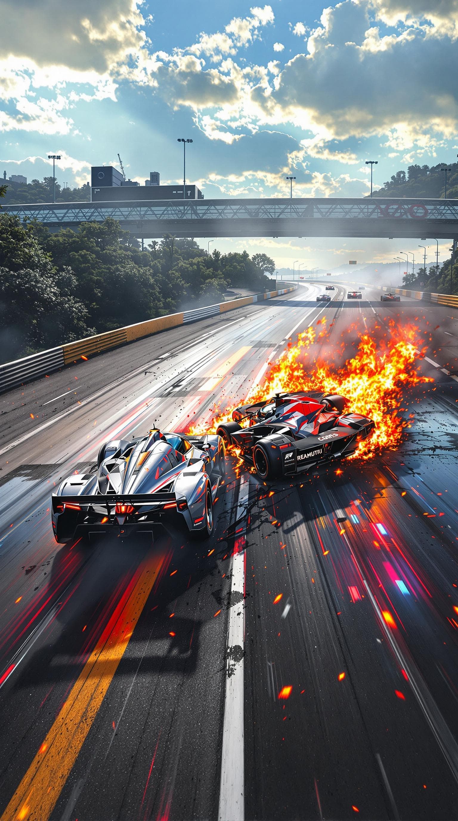 AI generated: Summer.      ACCIDENT on the highway! 2 racing cars collided. The race track is well lit by the sun....