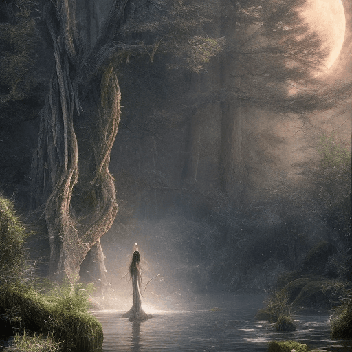 AI generated: a tranquil forest, water drops, magical, fantasy, beautiful moon night, full moon shining, LUIS ROYO...