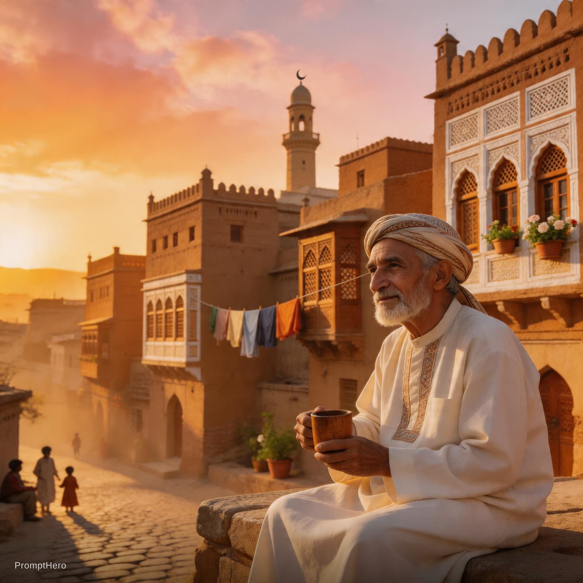 AI generated: Act as a cinematic director.

Create a highly detailed scene in Yemen:
- Location: Old Sana’a
- Ligh...