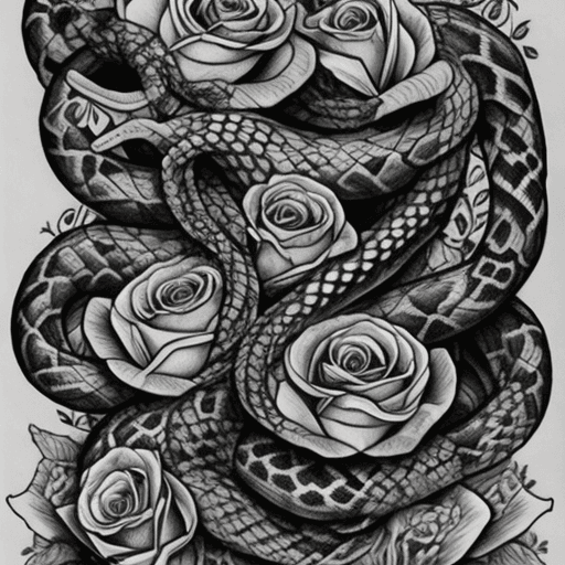 AI generated: snakes with flowers, tattoo sketch, smooth transitions, black patterns, more details, more flowers, ...