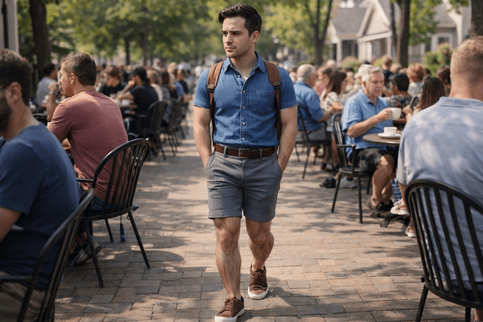 AI generated: In a sunny morning at a nice neighborhood. The model walking among a lot of people at a coffee shop ...