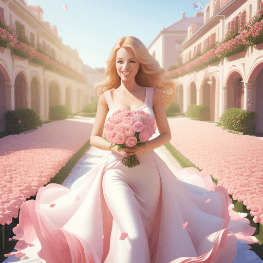 AI generated: a row of beautiful bouquet of redish, pink and white roses in the hands of smiling blonde woman, wom...