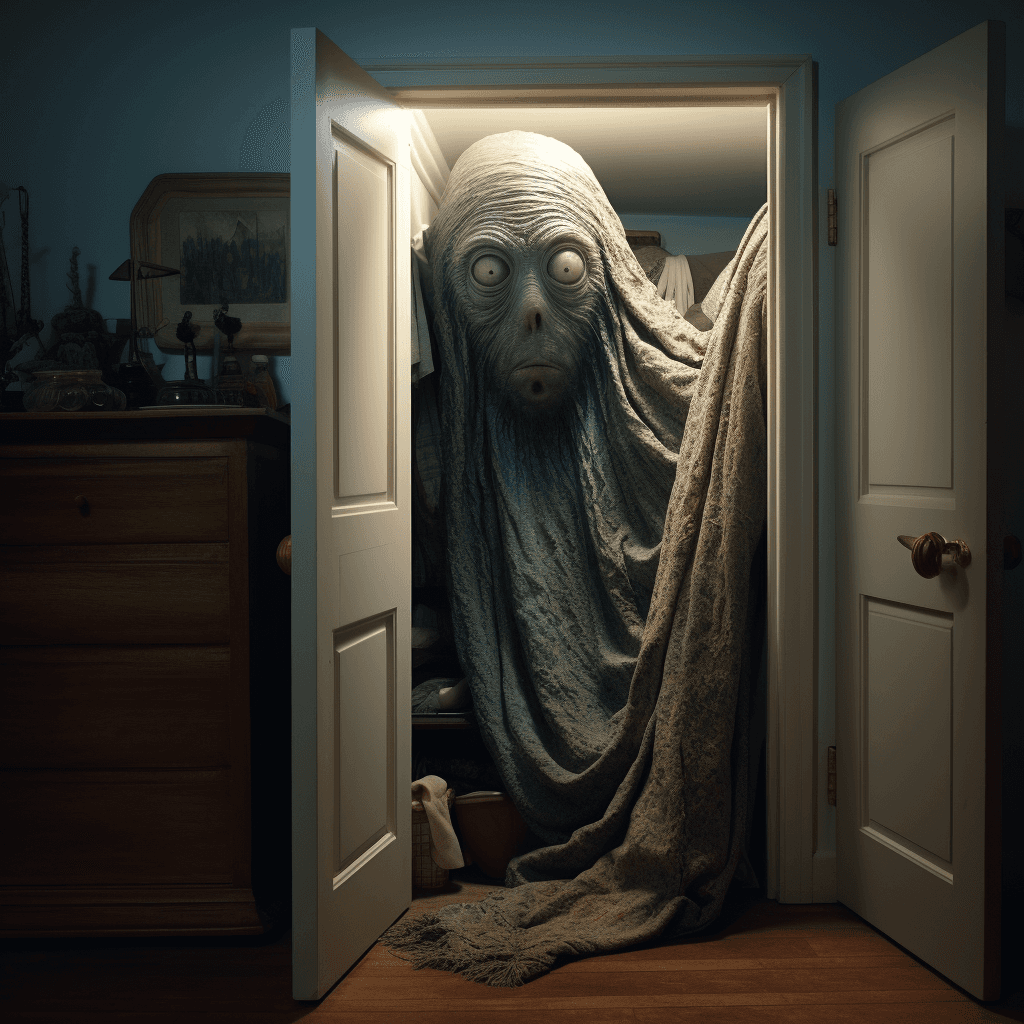 AI generated: creature with a disturbing look peeking out from behind a closet door in a bedroom, high detail, 8k,...