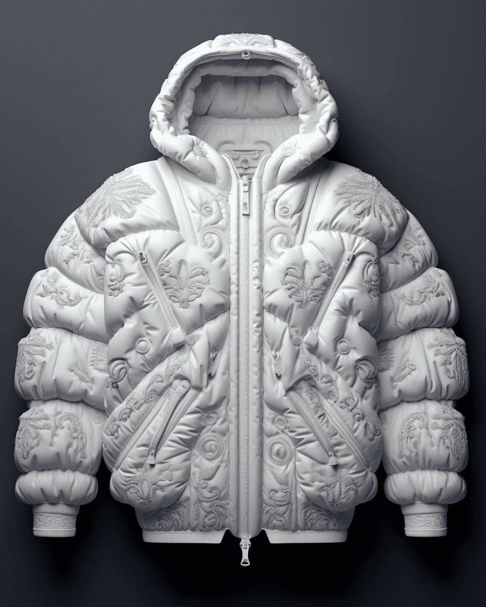 AI generated: milky adidas winter puffer jacket, design trend, design by kanye west, on a white background, octane...