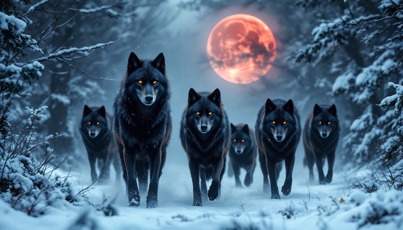 AI generated: Five black wolves in a snowy forest, their gaze was fearsome, a blood moon was forming in the sky
