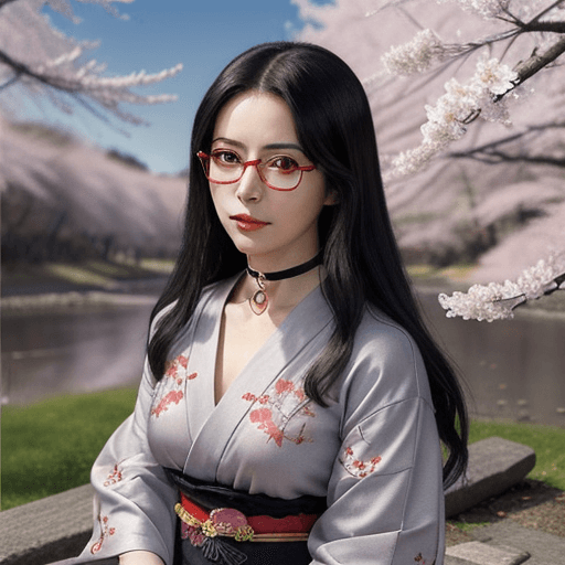 AI generated: Woman 40 years old, ((Tsunade black hair)), long dark hair, choker with two wolf pendants, glasses, ...