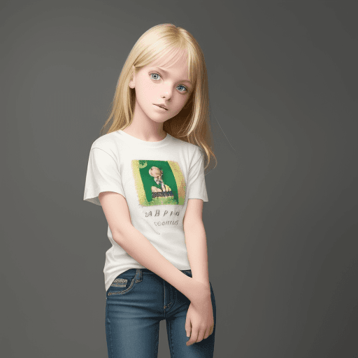 AI generated: girl, 9 years old, blonde, green eyes, dressed in jeans and a T-shirt