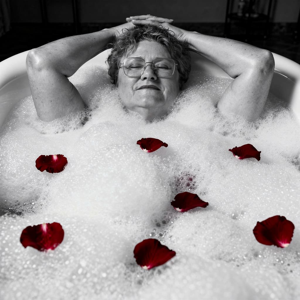 AI generated: A sensual black and white photograph of a woman in her fifties (referenced photo) reclining in a lux...