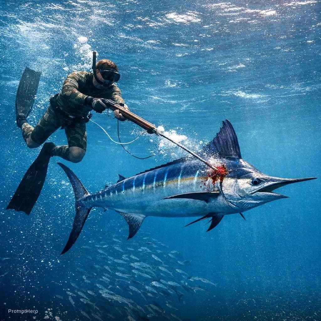 AI generated: spearfishing a blue marlin