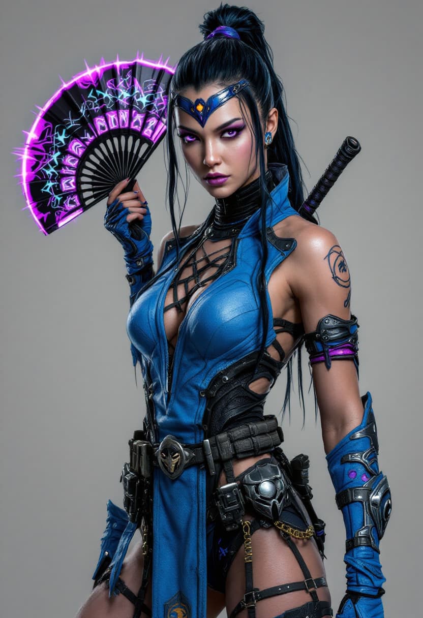 AI generated: Ultra-realistic cyberpunk Kitana,Mortal Kombat character,wearing an intricate warrior suit,blue with...