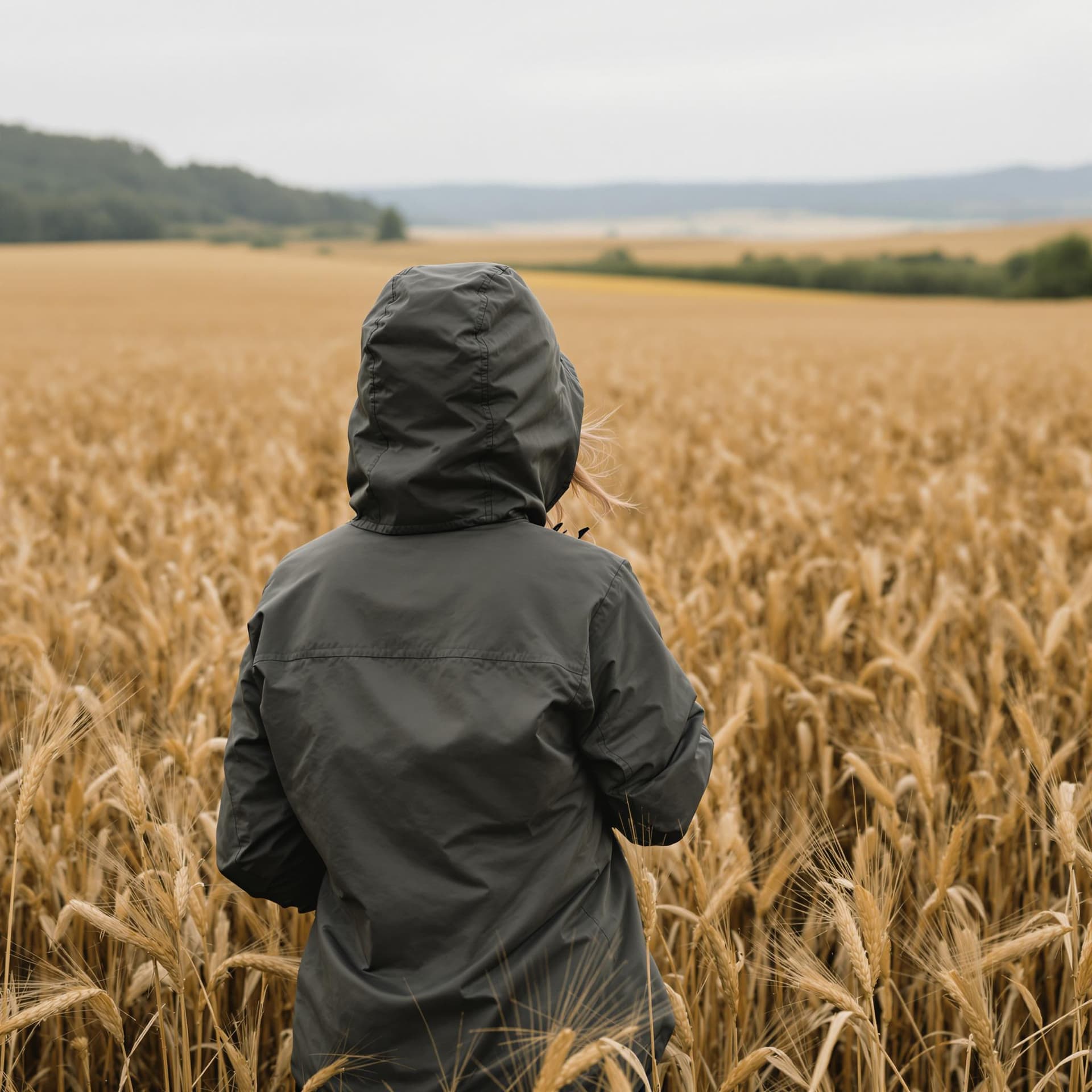 AI generated: realistic photograph of a woman standing in a wheat field far away, at a distance, covered in waterp...