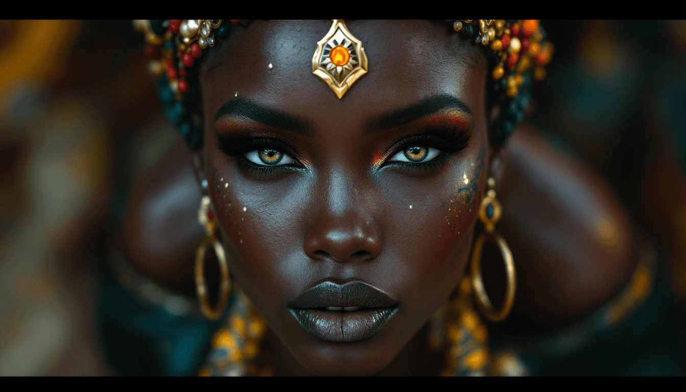 AI generated: Full face view of a ultra realistic of an African queen of Sheba very sultry look, beautiful charism...