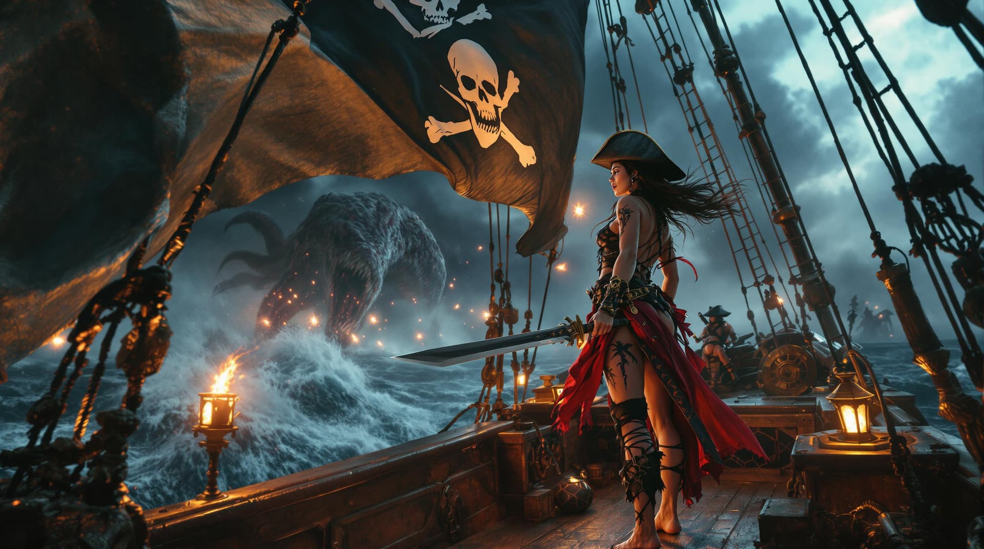 AI generated: Full body view of a cinematic wide shot of A commanding Native Caribbean Female pirate  captain bare...
