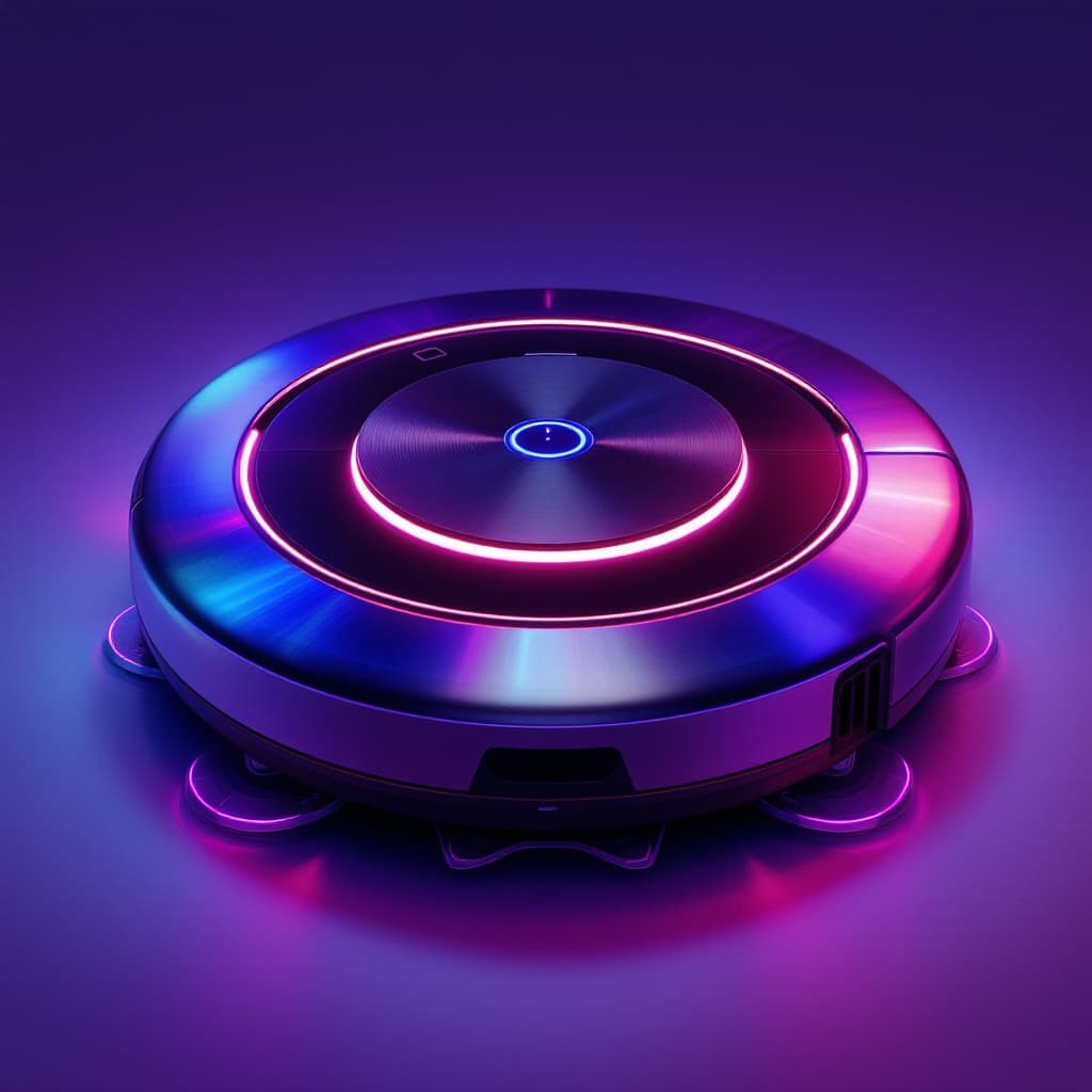 AI generated: A conceptual industrial design of a floor-cleaning robot, developed by Dyson and BYD, neon glow, fro...