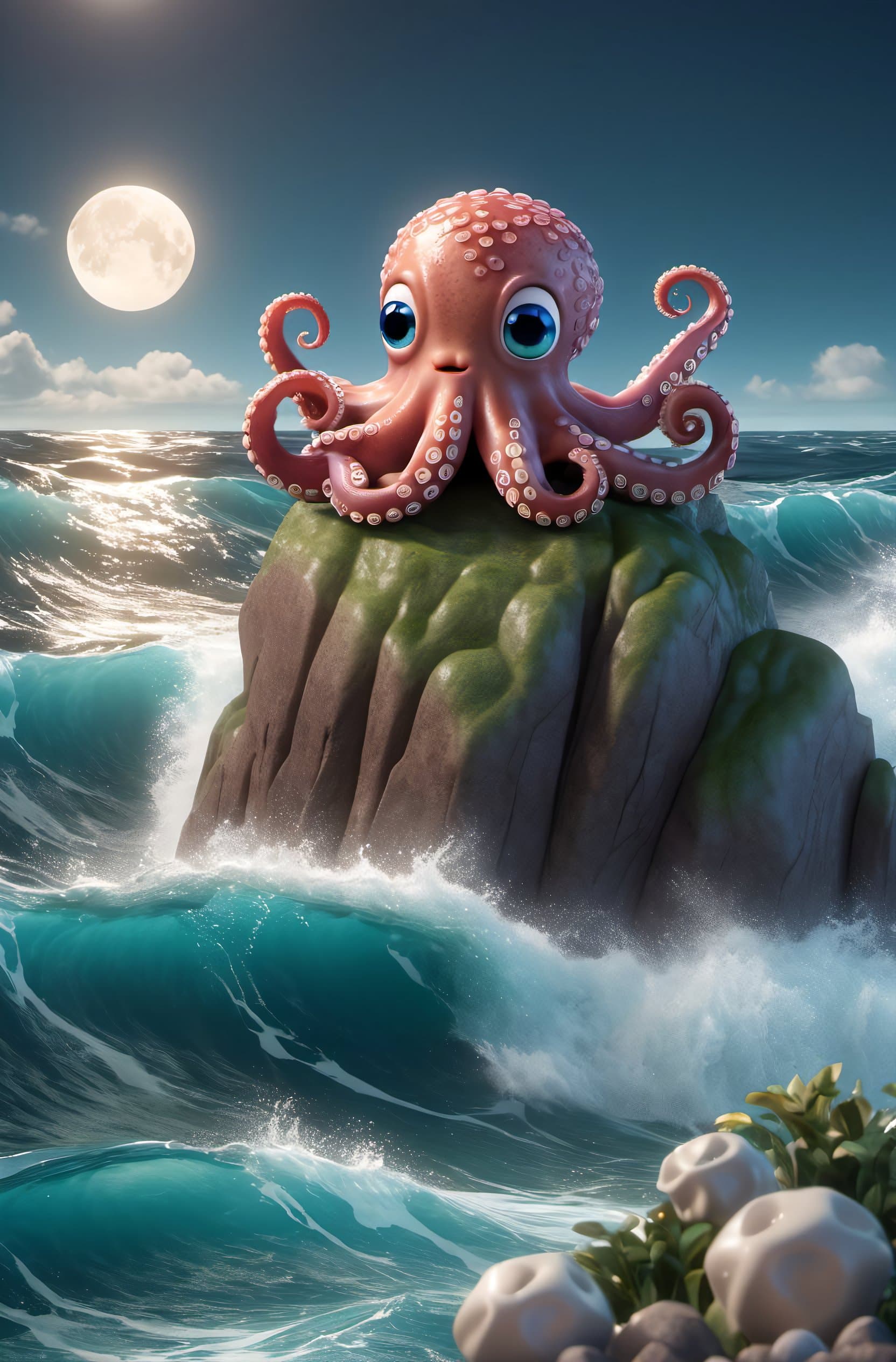 AI generated: insanely detailed, Cute octopus , floating on sea stormy waves and huge low poly rock, full moon in ...