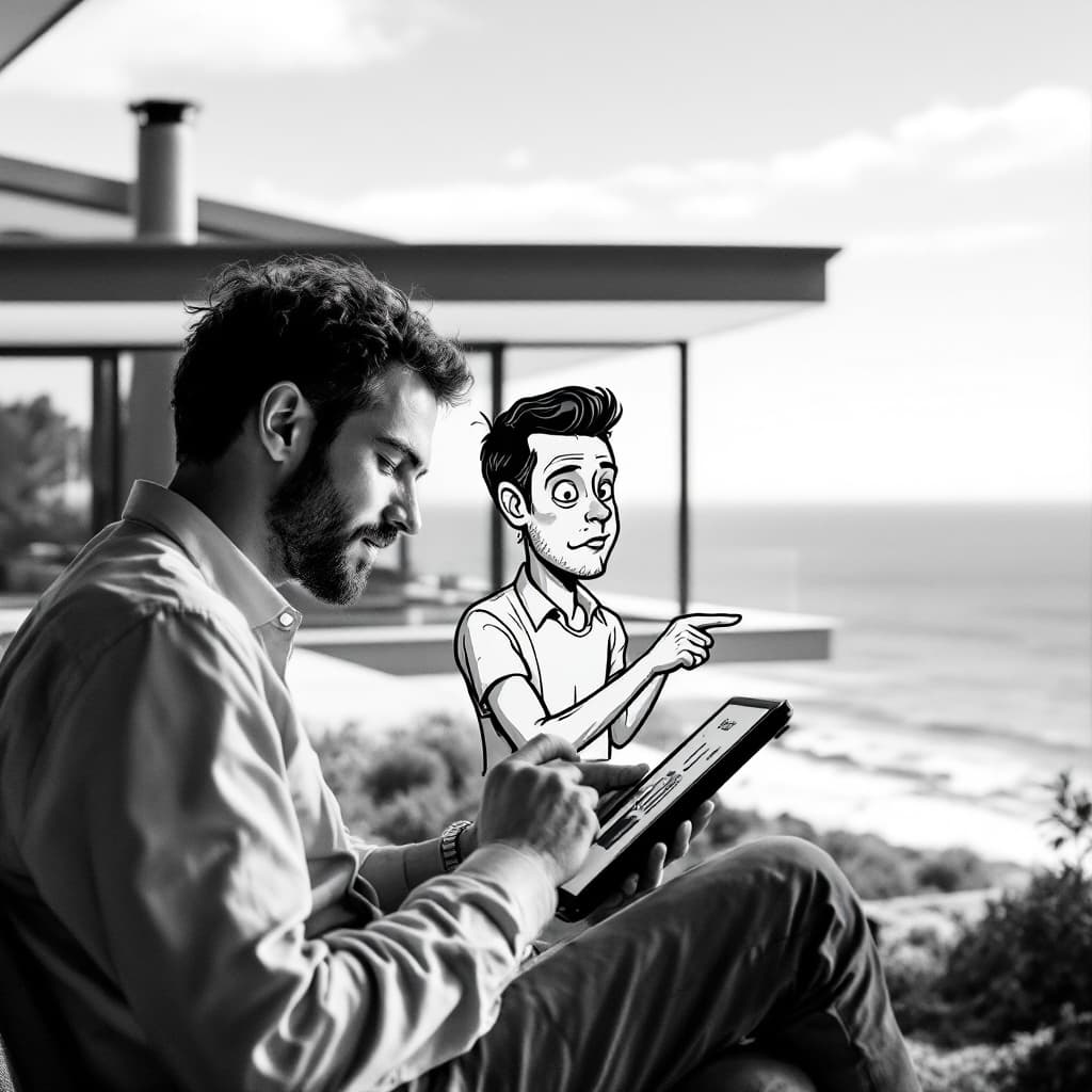 AI generated: Hyper realistic eye level exterior photo of a mid century modern style house overlooking the ocean, ...