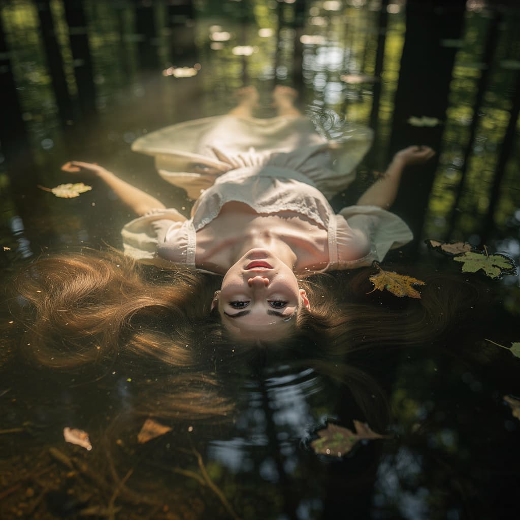 AI generated: Ze ligt op haar rug net onder de oppevlakte van een water in het bos. Aanzicht van boven. Medium clo...