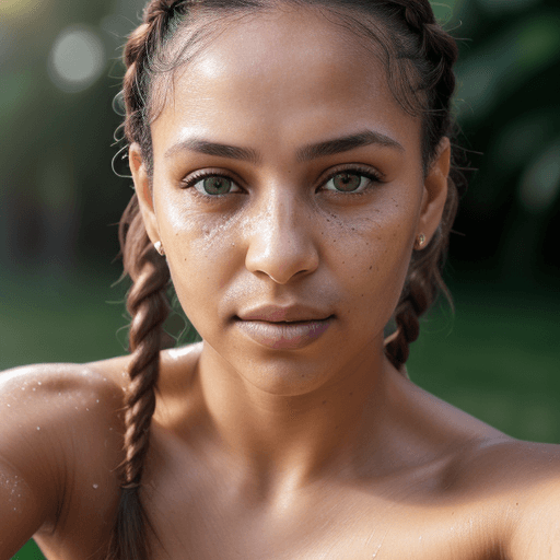 AI generated: hyper realistic waist up selfie portrait of a brazilian woman with short light brown messy braided h...