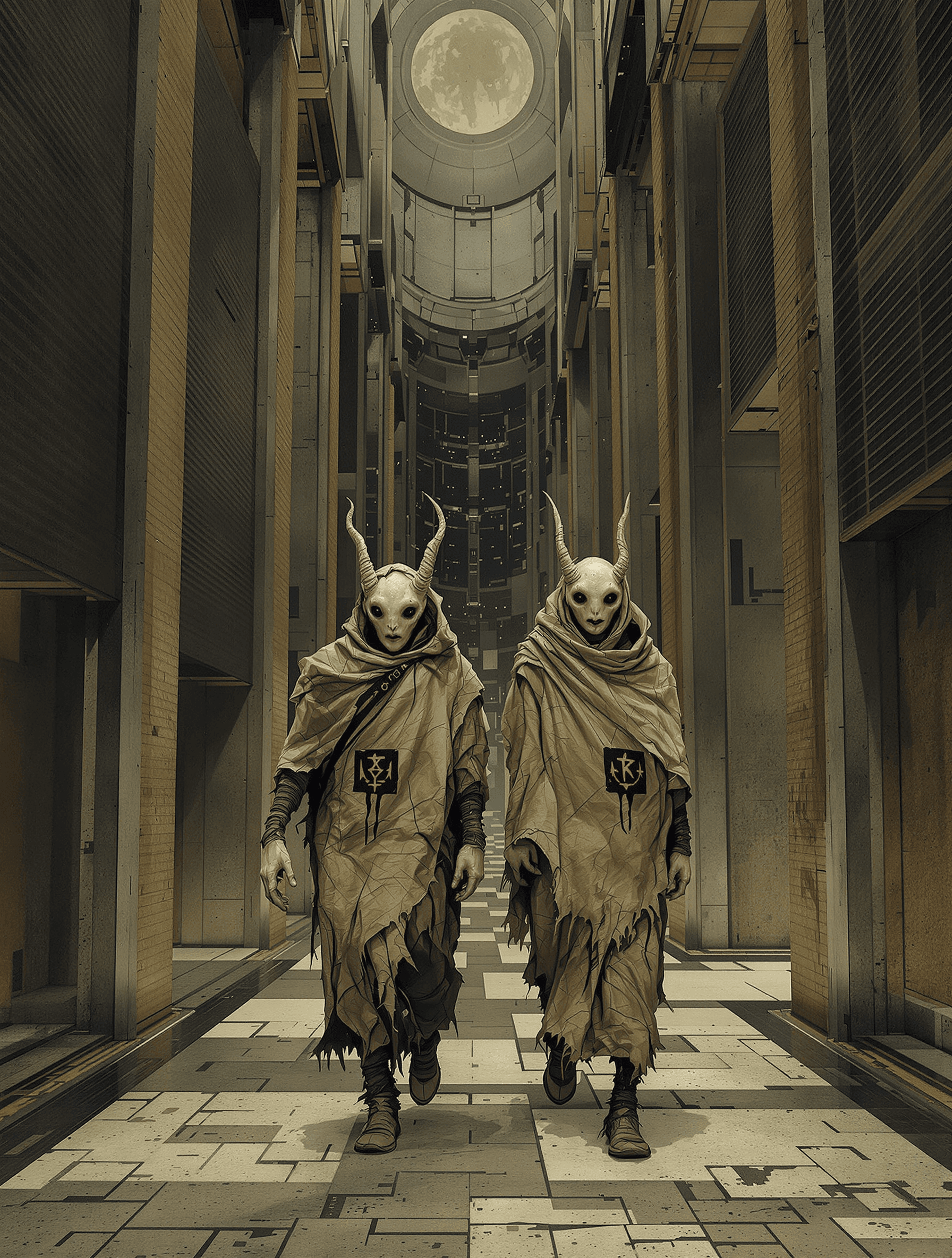 AI generated: /Artprompt Sci-fi, create a dystopian futuristic scene depicting two (strange beings:1.5) resembling...