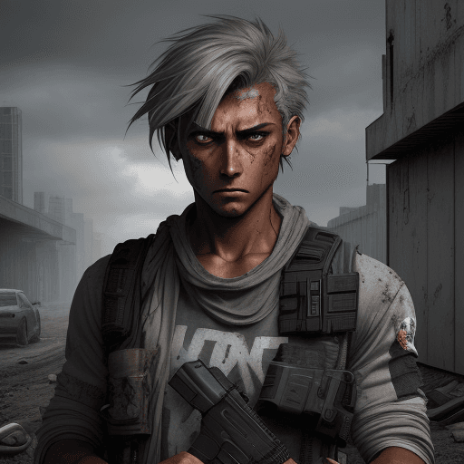 AI generated: 8k; post-apocalyptic; ((tanned skin)); male; ((grey eyes)); clean clothes but worn; armed with Glock...