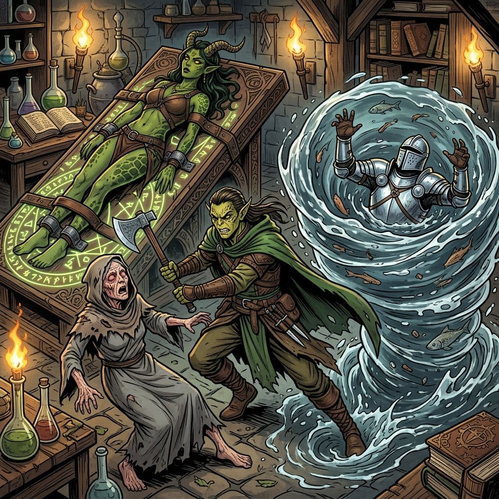 AI generated: a male githzerai ranger attacking a blind old woman with no eyes while a noble knight struggles as h...