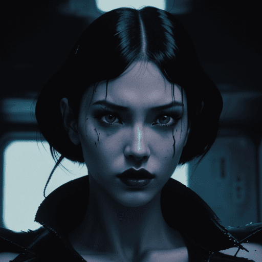 AI generated: frank miller illustration, dark anime, hot EVIL girl FROM OUT OF SPACE, Arcane, bladerunner, villain...