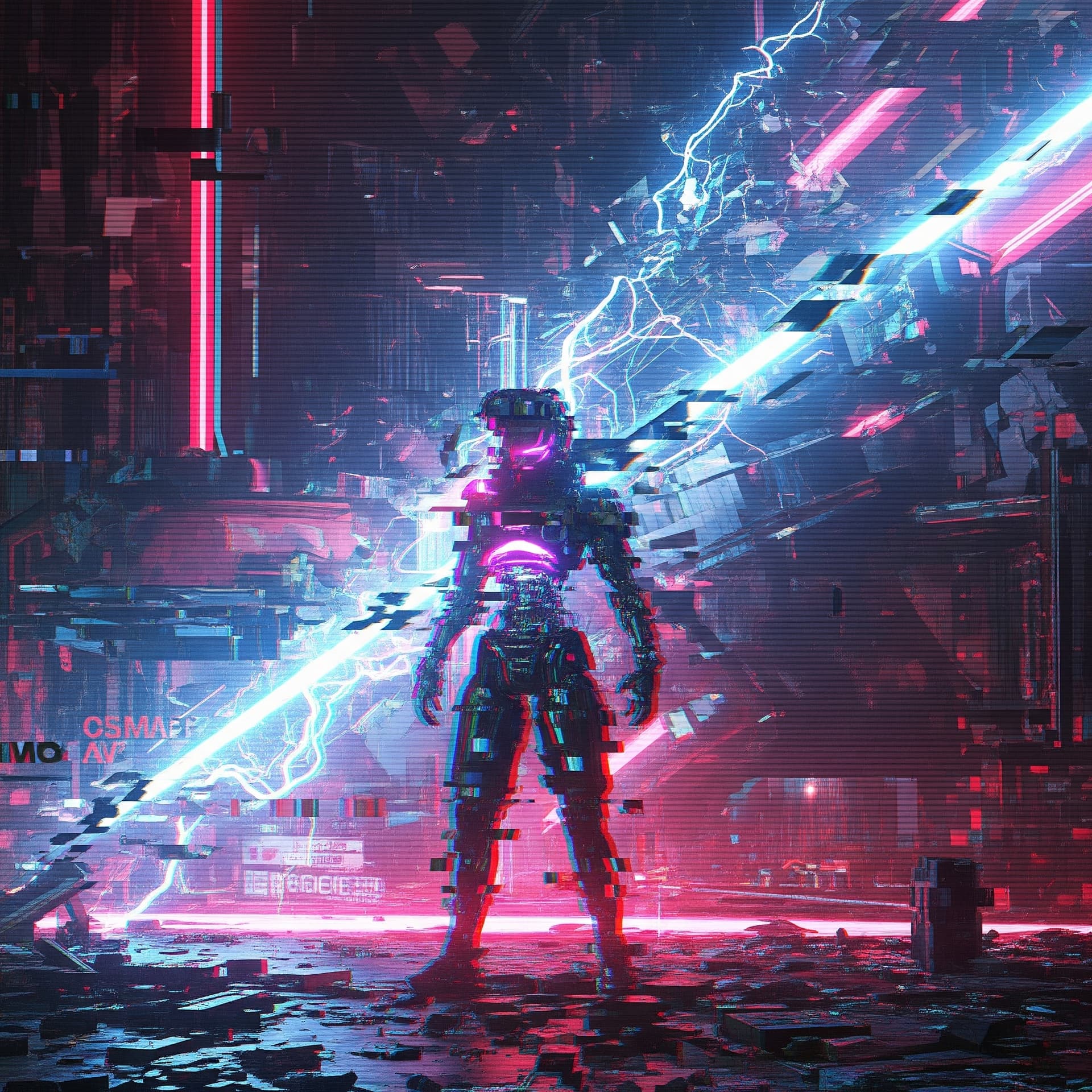 AI generated: A mesmerizing digital art piece in the style of glitch art, showcasing a cybernetic marvel amidst a ...