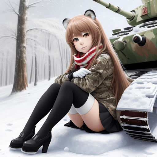 AI generated: taiga aisaka, anime, sit on snowy camouflage  tank and hug herself, winter red school uniform, long ...