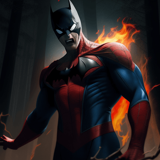 AI generated: we are seeing a white skin vampire man like superhero, in a red and blue sleeveless superhero type s...