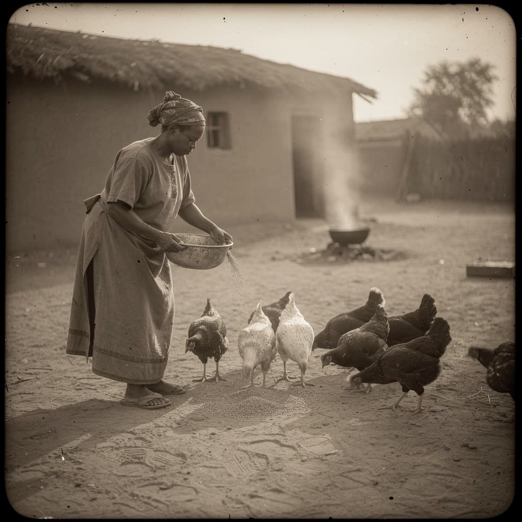 AI generated: African mother feeding her chickens, sepia tone, vintage photograph, soft light.